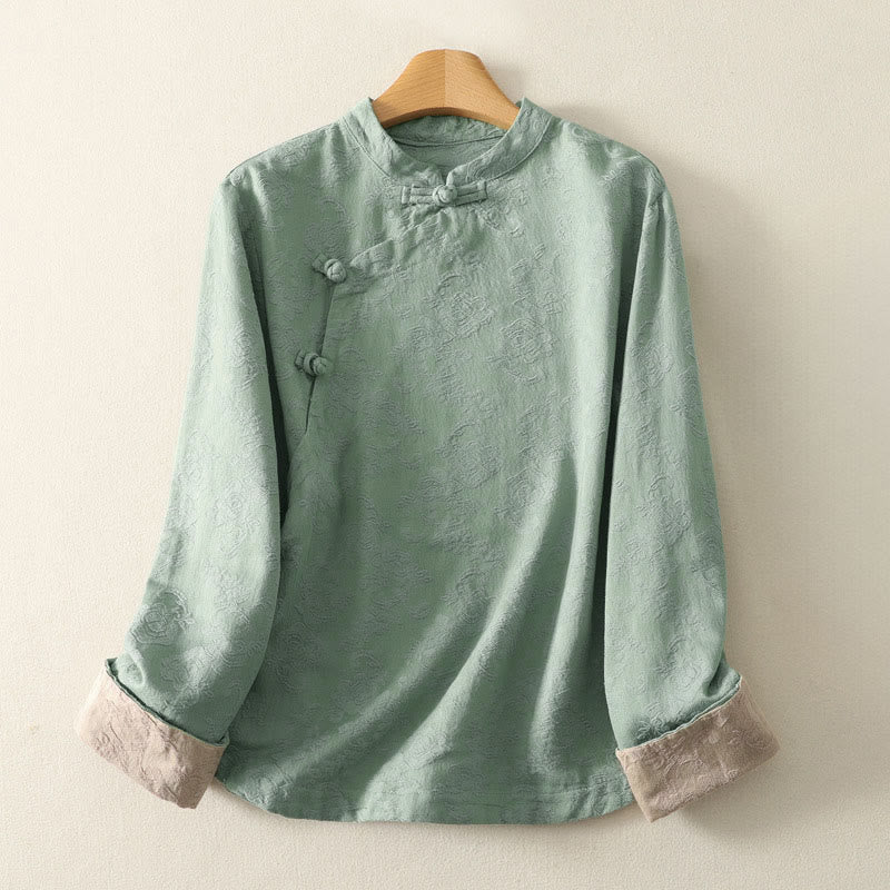 Buddha Stones Jacquard Diagonal Placket Long Sleeve Women's Cotton Linen Buttons Shirt - MediumAquamarine - US8-10,UK/AU12-14,EU40-42 (2XL) - image 6