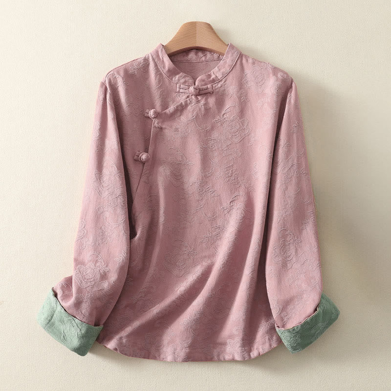 Buddha Stones Jacquard Diagonal Placket Long Sleeve Women's Cotton Linen Buttons Shirt - LightPink - US8-10,UK/AU12-14,EU40-42 (2XL) - image 11