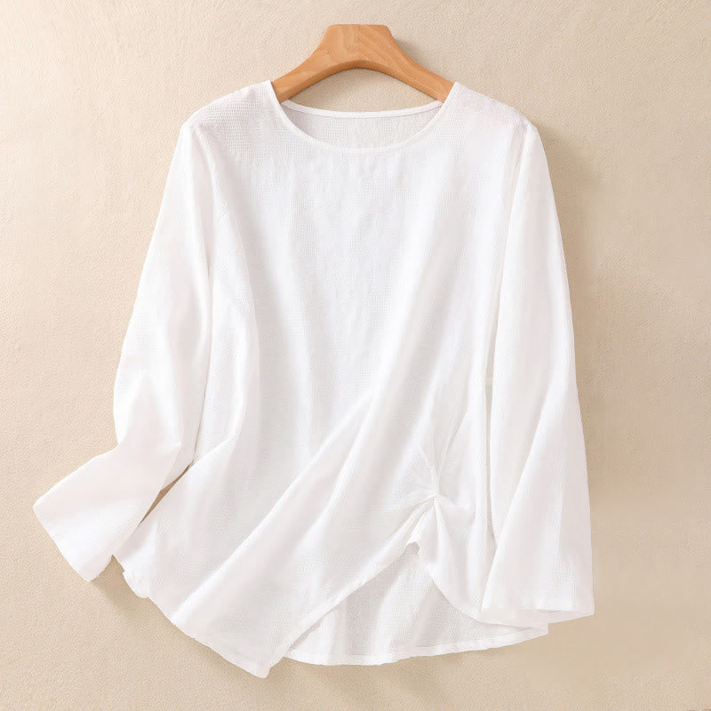 Buddha Stones Jacquard Irregular Hem Pleated Design Women's Cotton Long Sleeve Shirt - White - US8-10,UK/AU12-14,EU40-42 (2XL) - image 8