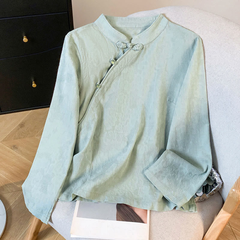 Buddha Stones Commute Jacquard Chinese Frog-Button Mandarin Collar Long Sleeve Women's Cotton Shirt - Aquamarine - US8-10,UK/AU12-14,EU40-42 (2XL) - image 0