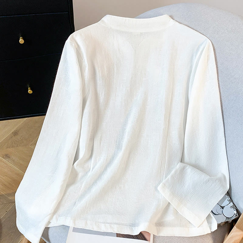 Buddha Stones Commute Jacquard Chinese Frog-Button Mandarin Collar Long Sleeve Women's Cotton Shirt - image 11