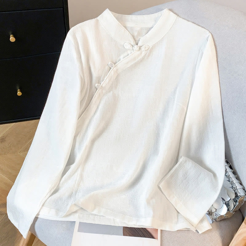 Buddha Stones Commute Jacquard Chinese Frog-Button Mandarin Collar Long Sleeve Women's Cotton Shirt - White - US8-10,UK/AU12-14,EU40-42 (2XL) - image 10