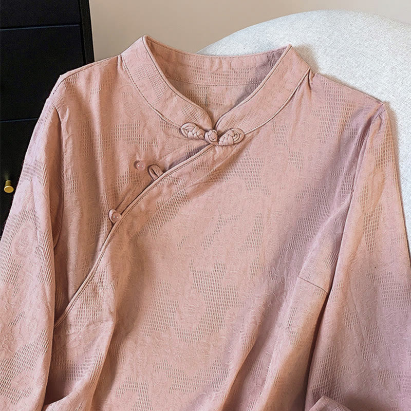 Buddha Stones Commute Jacquard Chinese Frog-Button Mandarin Collar Long Sleeve Women's Cotton Shirt - image 23