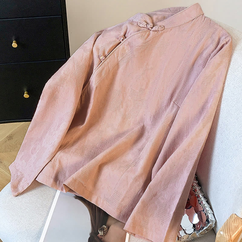 Buddha Stones Commute Jacquard Chinese Frog-Button Mandarin Collar Long Sleeve Women's Cotton Shirt - image 22