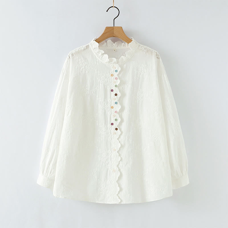 Buddha Stones Fall Ruffled Collar Embroidered Relief Flower Buttons Women's Cotton Long Sleeve Shirt - White - US6,UK/AU10,EU38 (L) - image 2