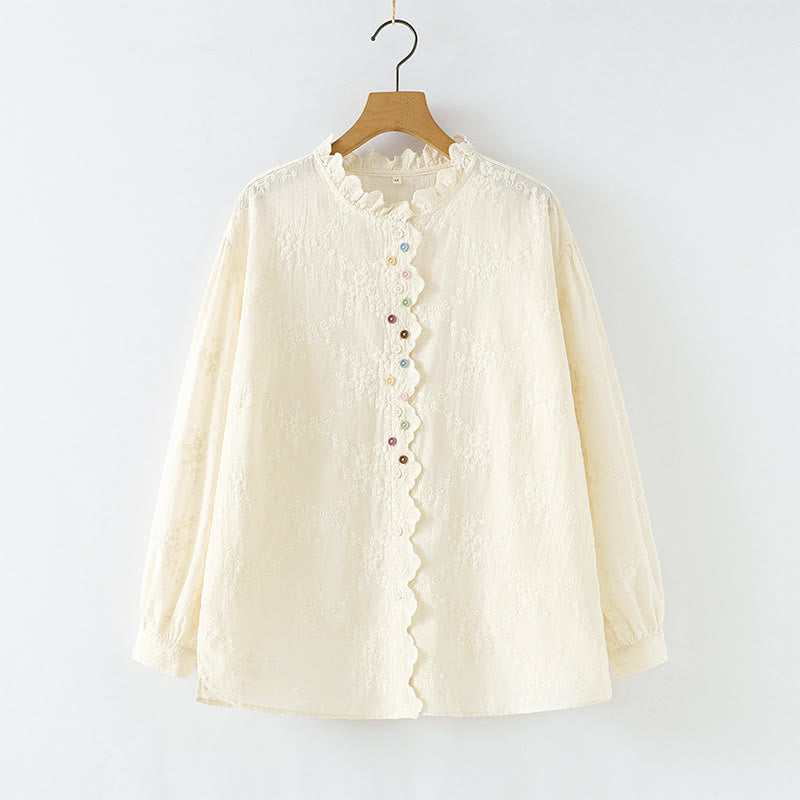 Buddha Stones Fall Ruffled Collar Embroidered Relief Flower Buttons Women's Cotton Long Sleeve Shirt - OldLace - US6,UK/AU10,EU38 (L) - image 0