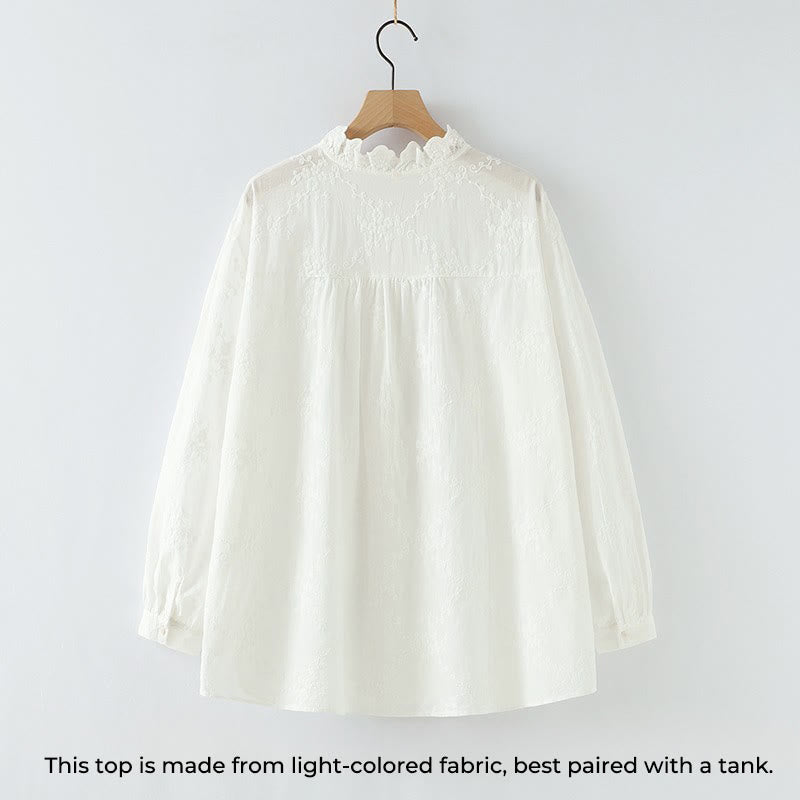 Buddha Stones Fall Ruffled Collar Embroidered Relief Flower Buttons Women's Cotton Long Sleeve Shirt - image 3