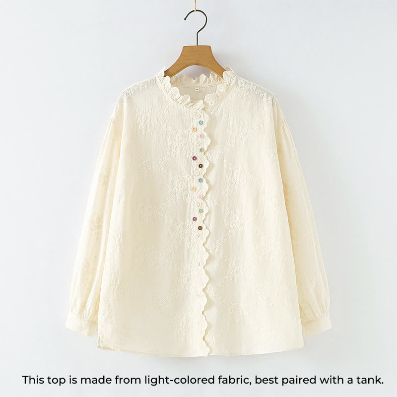 Buddha Stones Fall Ruffled Collar Embroidered Relief Flower Buttons Women's Cotton Long Sleeve Shirt - image 1