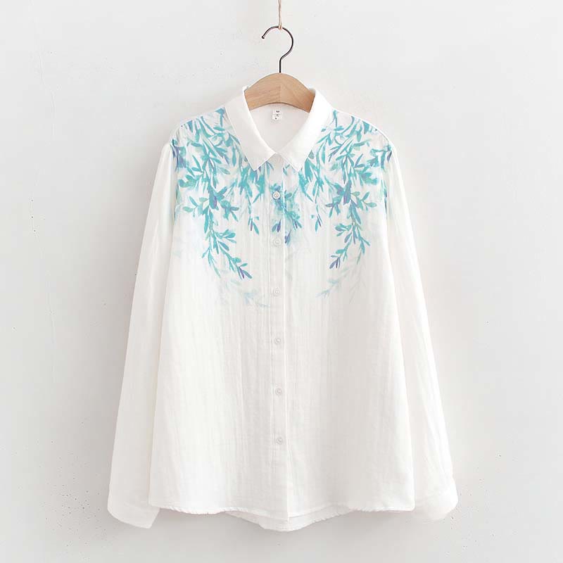 Buddha Stones Fall White Green Grass Buttons Women's Cotton Long Sleeve Shirt - White - US6,UK/AU10,EU38 (L) - image 0