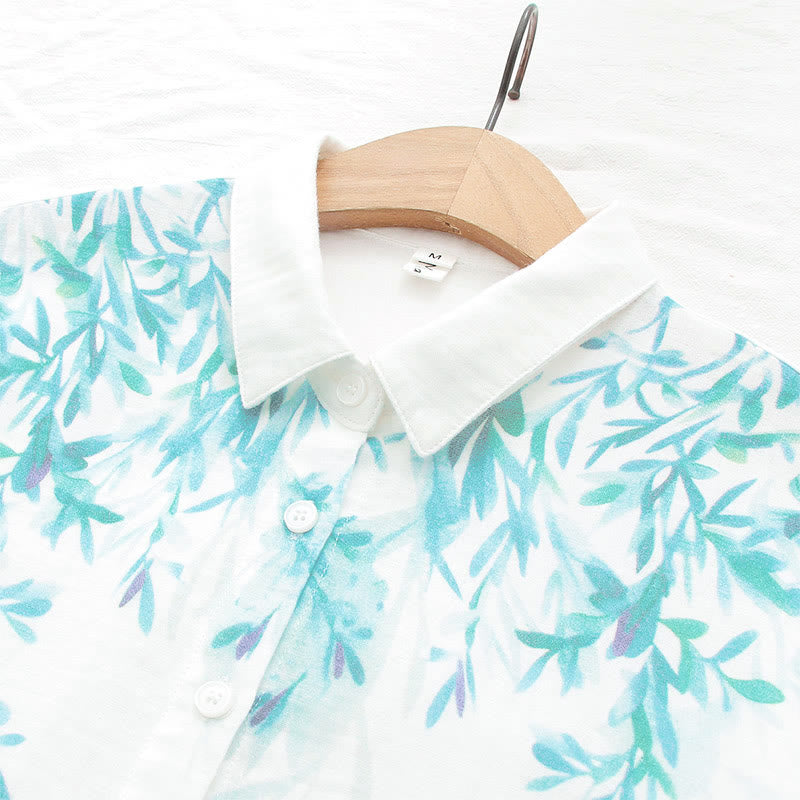 Buddha Stones Fall White Green Grass Buttons Women's Cotton Long Sleeve Shirt - image 7
