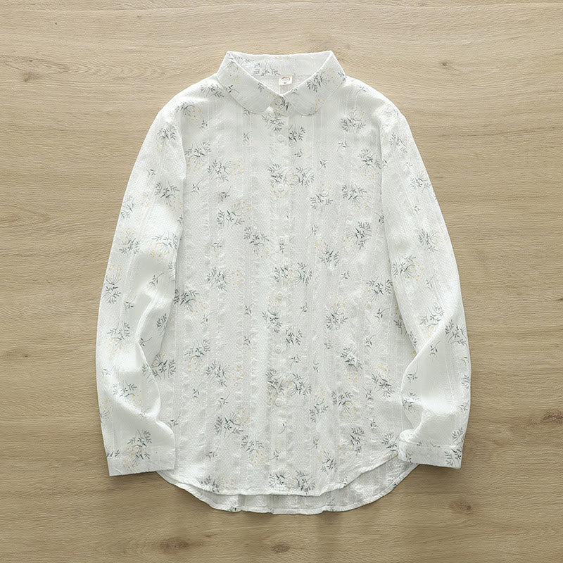 Buddha Stones Fall White Yellow Flowers Green Leaves Buttons Women's Cotton Long Sleeve Shirt - White - US6,UK/AU10,EU38 (XL) - image 1