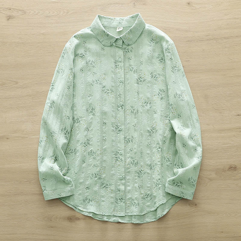 Buddha Stones Fall White Yellow Flowers Green Leaves Buttons Women's Cotton Long Sleeve Shirt - PaleGreen - US6,UK/AU10,EU38 (XL) - image 11