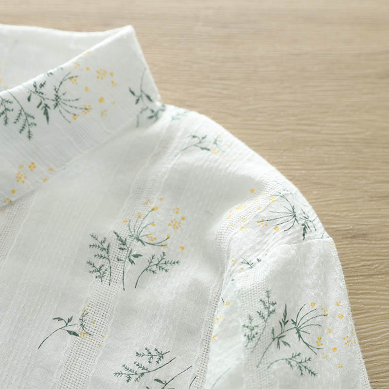 Buddha Stones Fall White Yellow Flowers Green Leaves Buttons Women's Cotton Long Sleeve Shirt - image 5