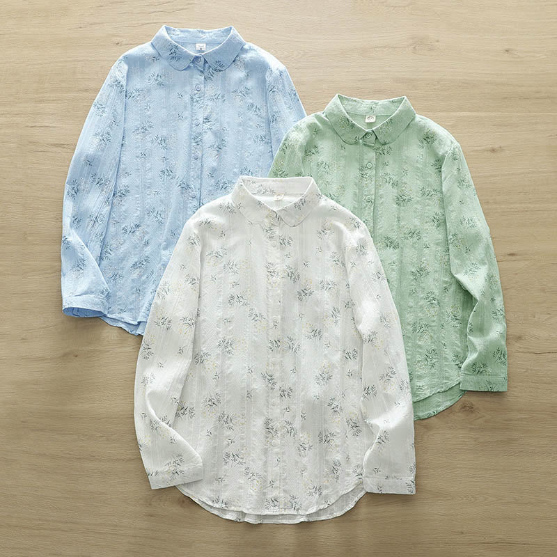 Buddha Stones Fall White Yellow Flowers Green Leaves Buttons Women's Cotton Long Sleeve Shirt - image 13