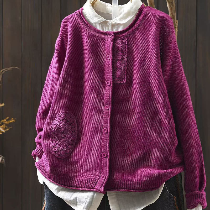 Buddha Stones Fall Floral Buttons Cotton Women's Long Sleeve Knitted Cardigan Sweater - MediumVioletRed - US4-6,UK/AU8-10,EU36-38 (F) - image 0
