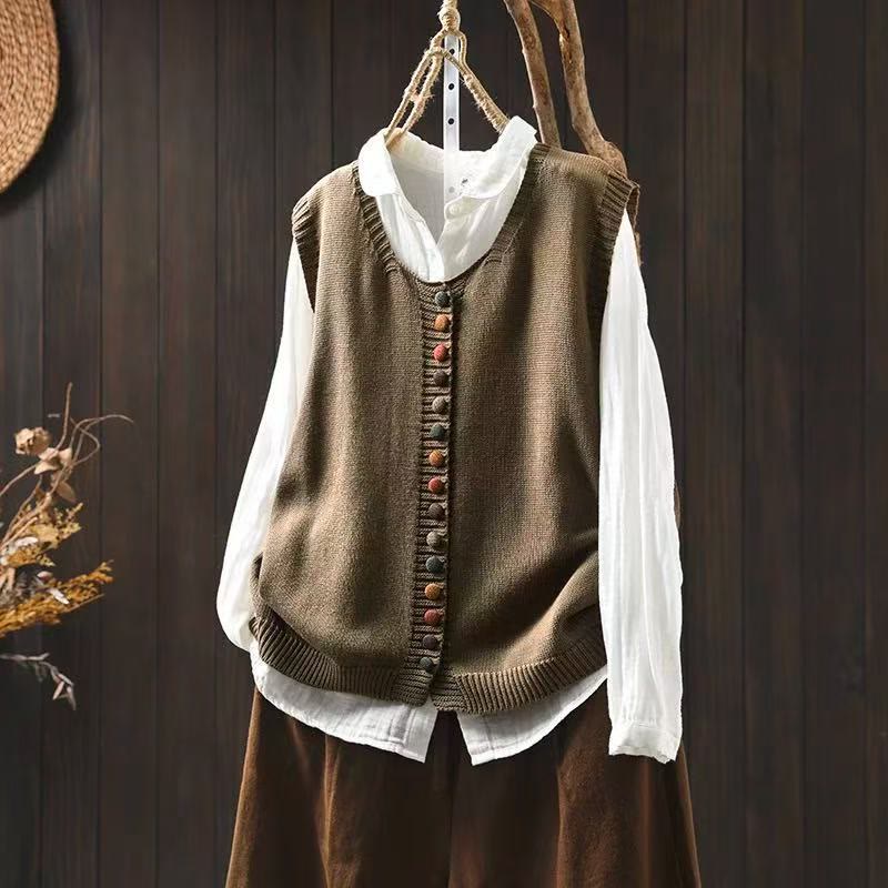 Buddha Stones Colorful Buttons Women's Sleeveless Cotton Knitted Vest Waistcoat - Sienna - US4-6,UK/AU8-10,EU36-38 (F) - image 2