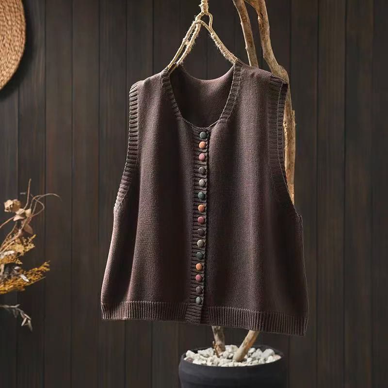 Buddha Stones Colorful Buttons Women's Sleeveless Cotton Knitted Vest Waistcoat - SaddleBrown - US4-6,UK/AU8-10,EU36-38 (F) - image 3