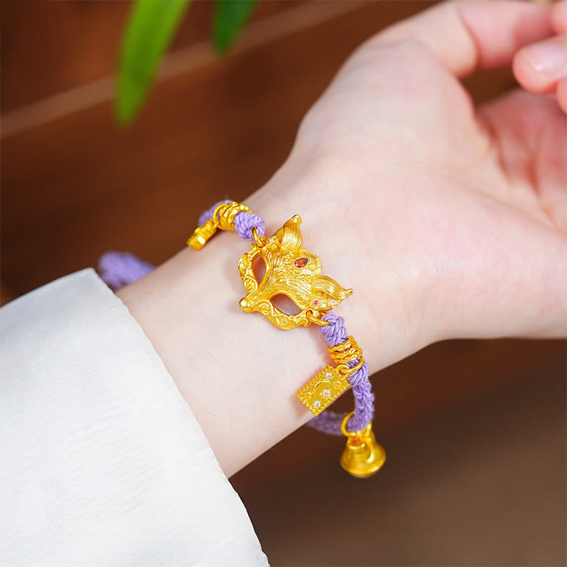 Buddha Stones 24k Gold Plated Brass Fox Bell Charm Fu Character Woven Purple String Luck Bracelet - image 2