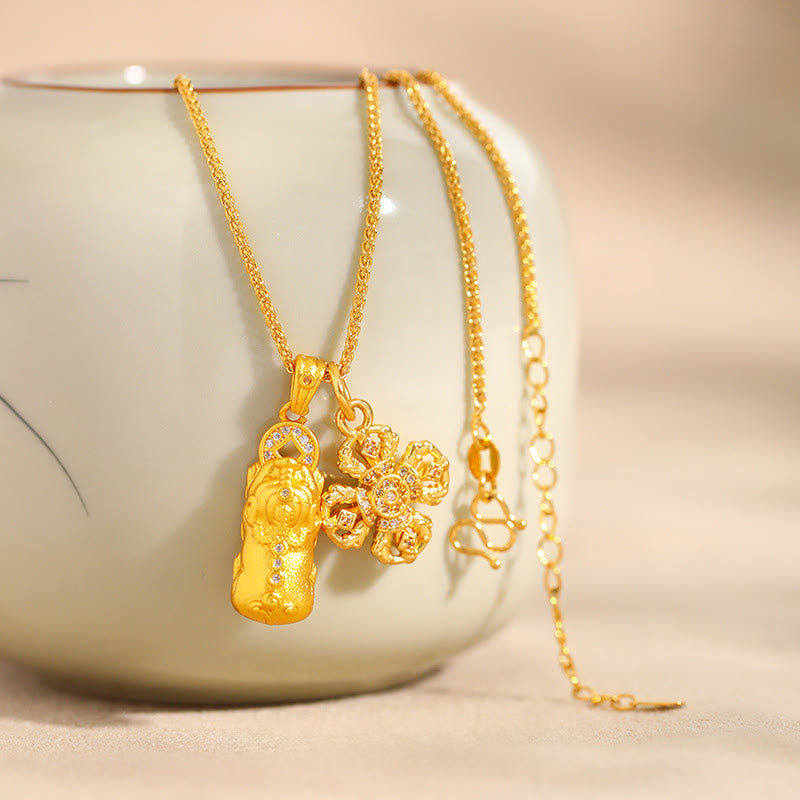 Buddha Stones 24k Gold Plated Brass Pixiu Cross Dorje Vajra Wealth Chain Pendant Necklace - image 4
