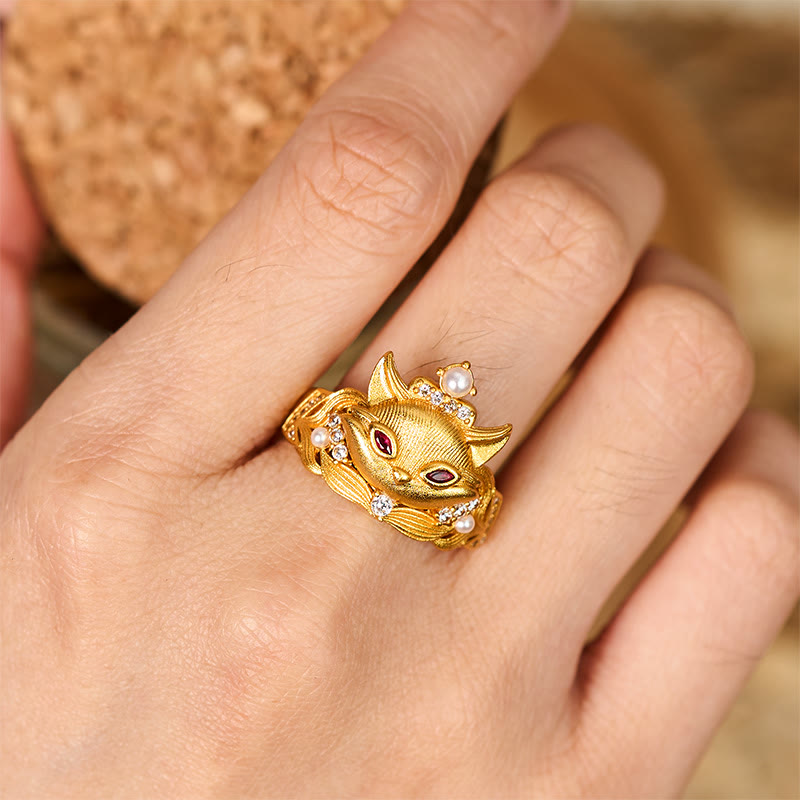 Buddha Stones Fox Head Design 24k Gold Plated Brass Adjustable Ring - image 4