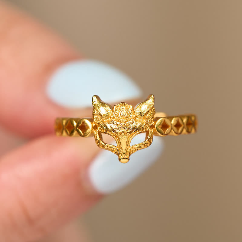 Buddha Stones 24k Gold Plated Brass Fox Coin Hollow Design Adjustable Ring - image 3