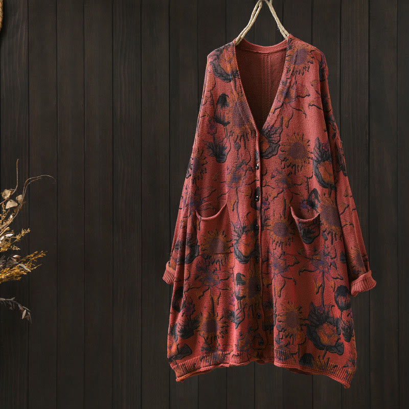 Buddha Stones Sunflower Mid-length Buttons Women's Long Sleeve Knitted Cardigan Sweater With Pockets - Red - US4-8/10,UK/AU8-12/14,EU36-40/42 (F) - image 12