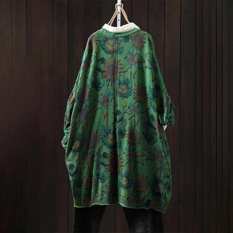 Buddha Stones Sunflower Mid-length Buttons Women's Long Sleeve Knitted Cardigan Sweater With Pockets - image 2