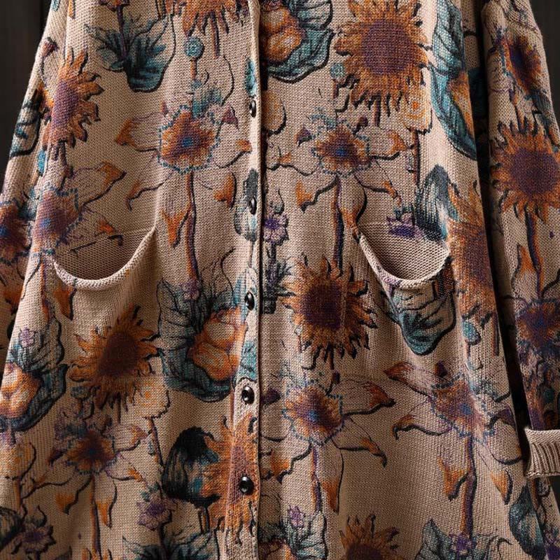 Buddha Stones Sunflower Mid-length Buttons Women's Long Sleeve Knitted Cardigan Sweater With Pockets - image 18
