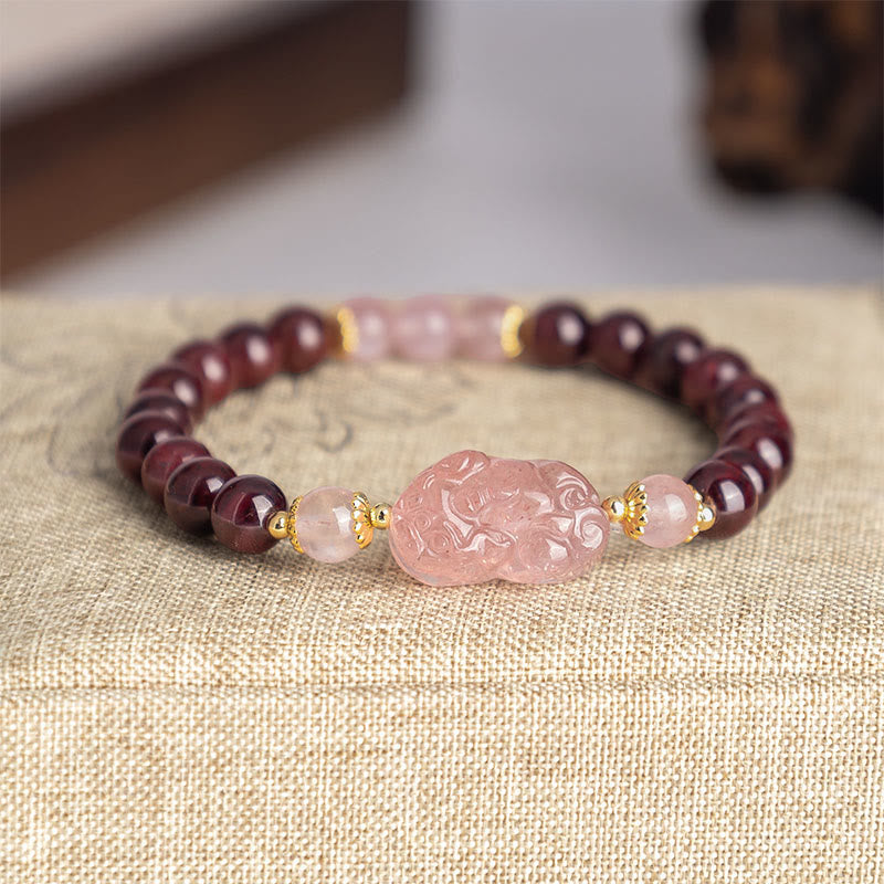 Buddha Stones Garnet Rose Quartz Strawberry Quartz Pixiu Lucky Bracelet - Garnet Pink Crystal(Wrist Circumference: 16-17cm) - image 0