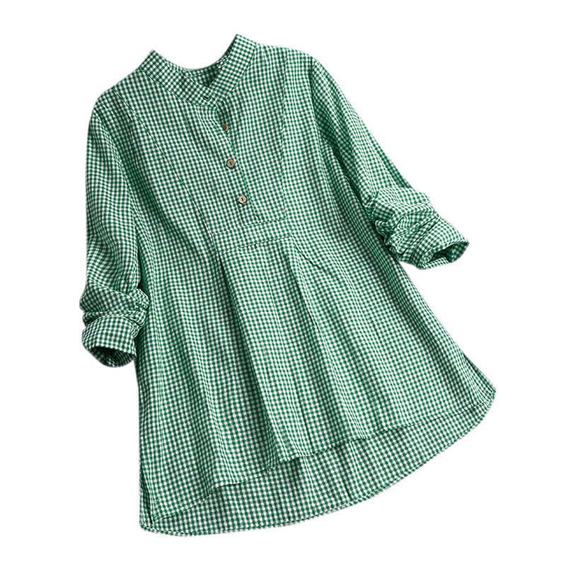 Buddha Stones Women's Buttons Long Sleeve Checked Pattern Shirt - SpringGreen - US16,UK/AU20,EU48 (5XL) - image 8