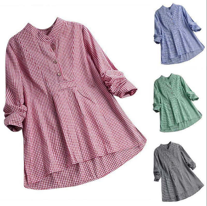 Buddha Stones Women's Buttons Long Sleeve Checked Pattern Shirt - image 17