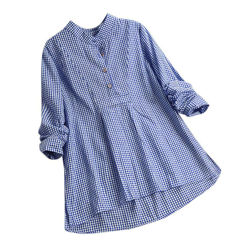 Buddha Stones Women's Buttons Long Sleeve Checked Pattern Shirt - MediumBlue - US16,UK/AU20,EU48 (5XL) - image 12