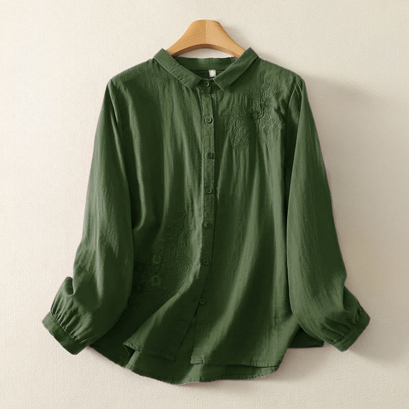 Buddha Stones Embroidered Flower Vine Pattern Long Sleeve Women's Lapel Shirt - DarkGreen - US8-10,UK/AU12-14,EU40-42 (2XL) - image 1