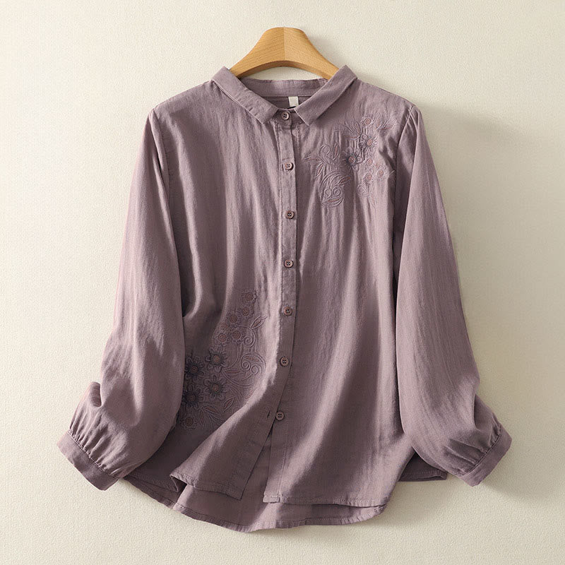Buddha Stones Embroidered Flower Vine Pattern Long Sleeve Women's Lapel Shirt - RosyBrown - US8-10,UK/AU12-14,EU40-42 (2XL) - image 17