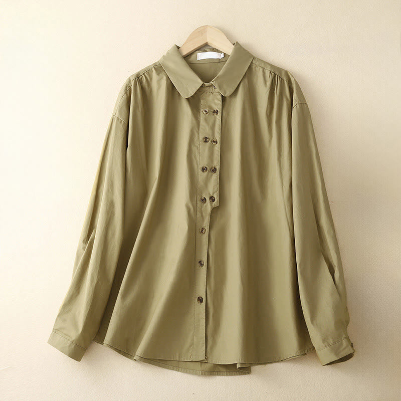 Buddha Stones Plain Double-breasted Long Sleeve Women's Cotton Lapel Shirt - DarkKhaki - US12,UK/AU16,EU44 (2XL) - image 13