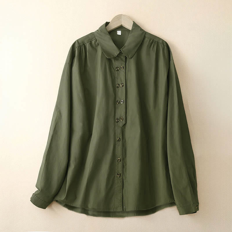 Buddha Stones Plain Double-breasted Long Sleeve Women's Cotton Lapel Shirt - DarkOliveGreen - US12,UK/AU16,EU44 (2XL) - image 1