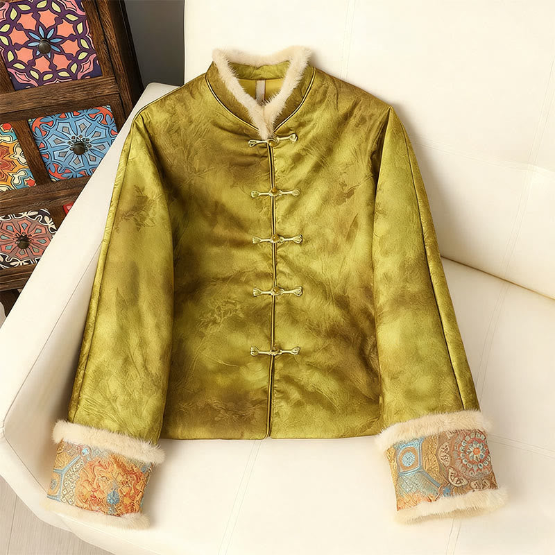 Buddha Stones Frog-Button Traditional Chinese Patterns Women's Long Sleeve Thickened Jacket - YellowGreen - US12,UK/AU16,EU44 (3XL) - image 9