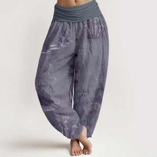 Buddha Stones Cotton Casual Bamboo Rock Ink Painting Women's Elastic Waist Harem Pants - SlateGray - US22,UK/AU26,EU54 (6XL) - image 0