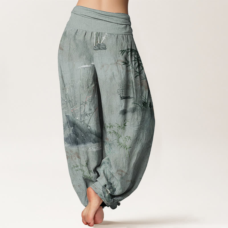 Buddha Stones Cotton Casual Bamboo Rock Ink Painting Women's Elastic Waist Harem Pants - image 9
