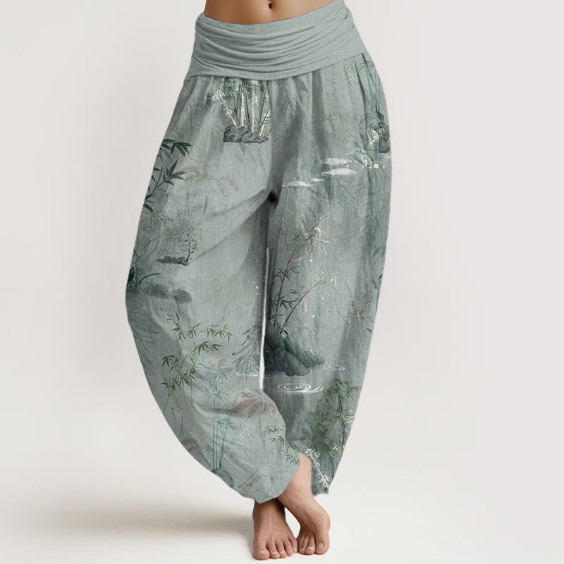 Buddha Stones Cotton Casual Bamboo Rock Ink Painting Women's Elastic Waist Harem Pants - DarkSeaGreen - US22,UK/AU26,EU54 (6XL) - image 7