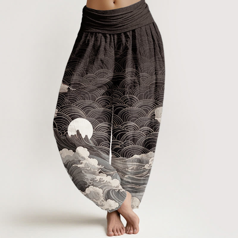 Buddha Stones Cotton Casual Wave Moon Mountain Pattern Women's Elastic Waist Harem Pants - Black - US22,UK/AU26,EU54 (6XL) - image 0