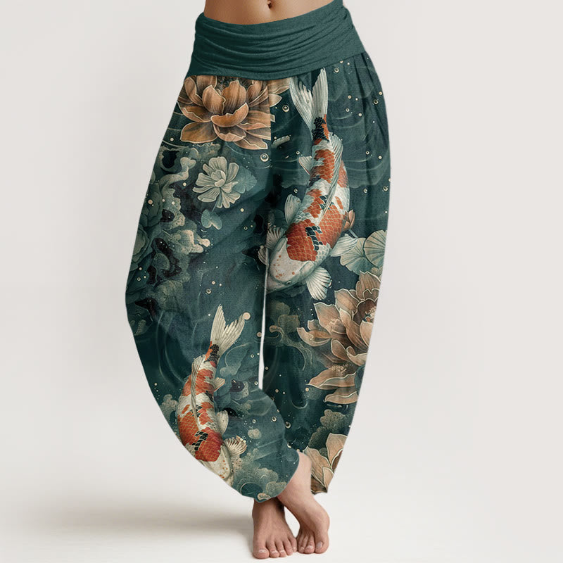 Buddha Stones Cotton Colorful Koi Fish Lotus Flowers Design Women's Elastic Waist Harem Pants - LightSeaGreen - US22,UK/AU26,EU54 (6XL) - image 0