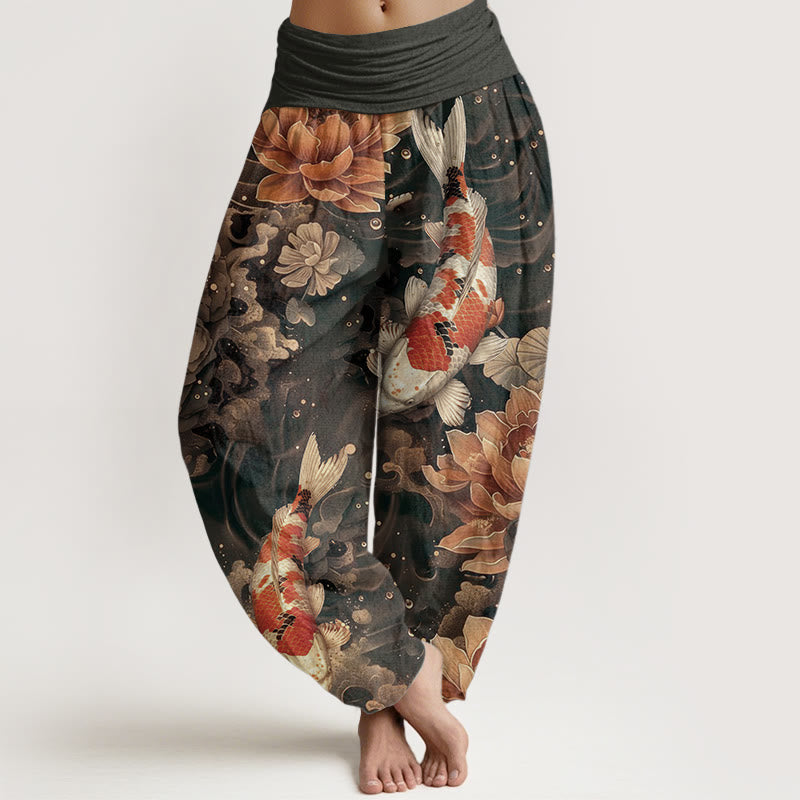 Buddha Stones Cotton Colorful Koi Fish Lotus Flowers Design Women's Elastic Waist Harem Pants - Tan - US22,UK/AU26,EU54 (6XL) - image 4