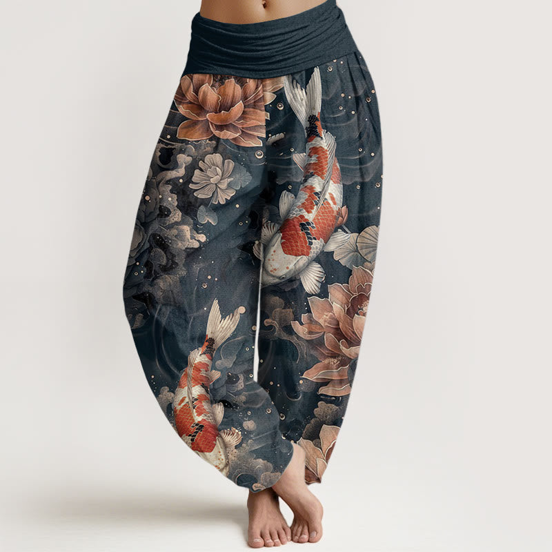 Buddha Stones Cotton Colorful Koi Fish Lotus Flowers Design Women's Elastic Waist Harem Pants - Gray - US22,UK/AU26,EU54 (6XL) - image 7