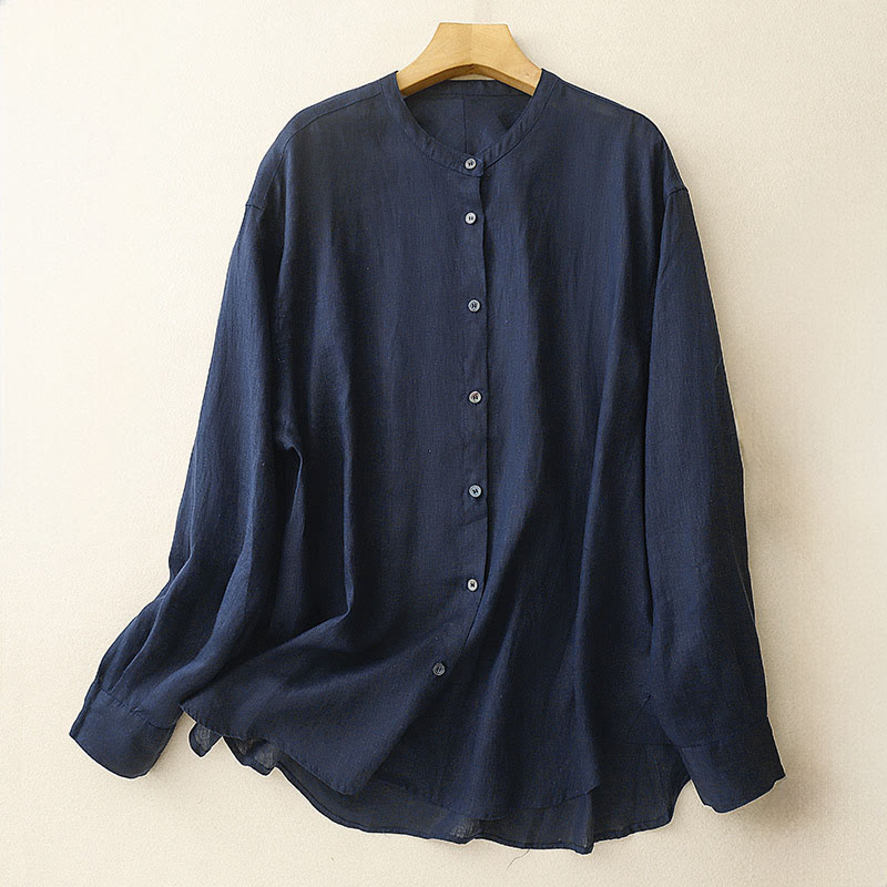Buddha Stones Solid Color Crew Neck Buttons Design Women's Cotton Long Sleeve Shirt - MidnightBlue - US8-10,UK/AU12-14,EU40-42 (2XL) - image 0