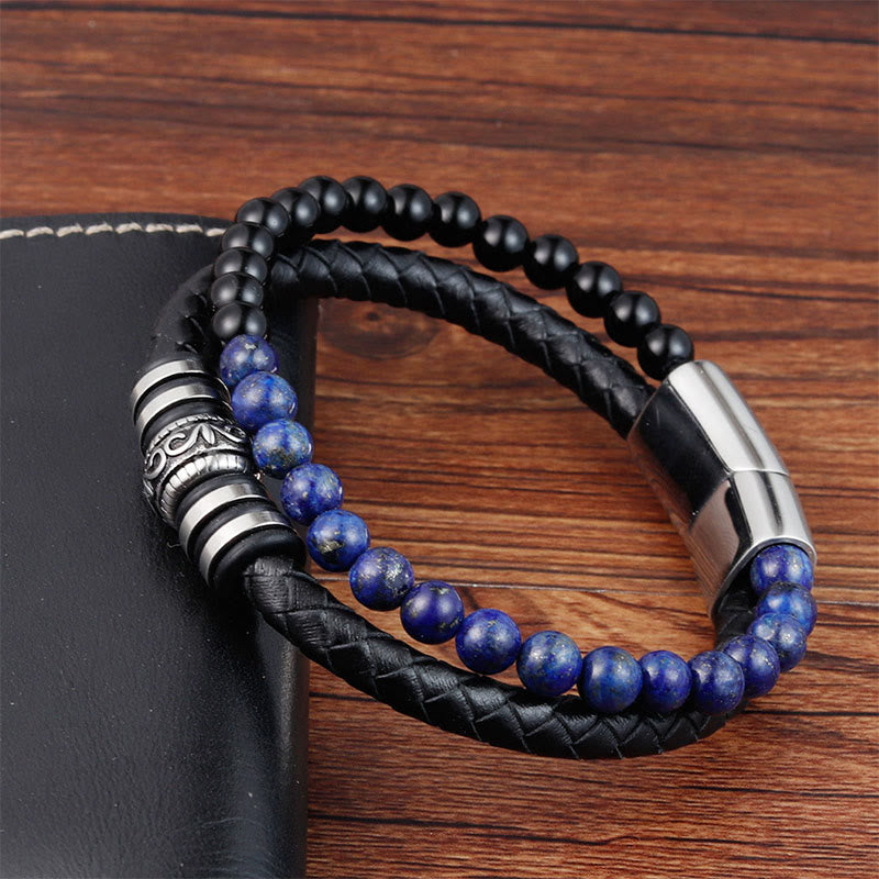 Buddha Stones Black Onyx Lazurite Titanium Steel Fortune Calm Leather Bracelet - image 4