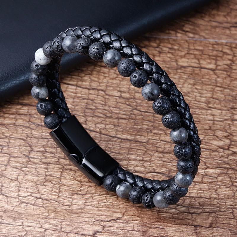 Buddha Stones Lava Rock Titanium Steel Calm Leather Bracelet - Lava Rock(Wrist Circumference: 18-19cm) - image 0