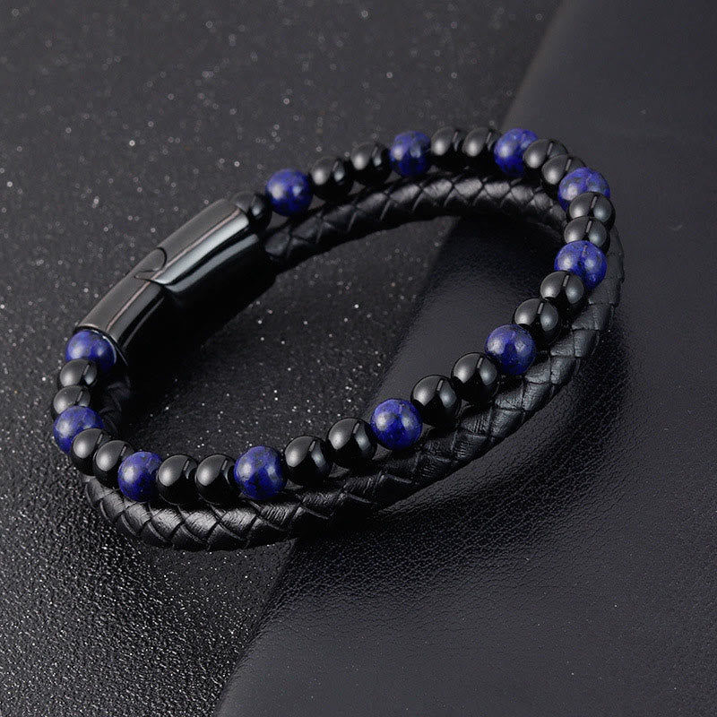 Buddha Stones Black Onyx Lazurite Titanium Steel Positive Self Care Leather Bracelet - image 4