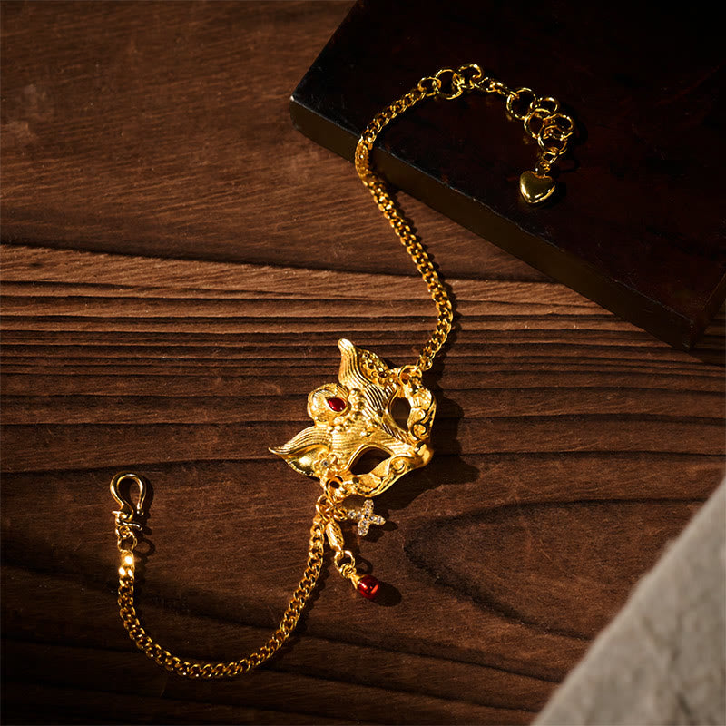 Buddha Stones 24k Gold Plated Brass Fox Mask Charm Tassel Chain Bracelet - Brass(Wrist Circumference: 15-19cm) - image 0