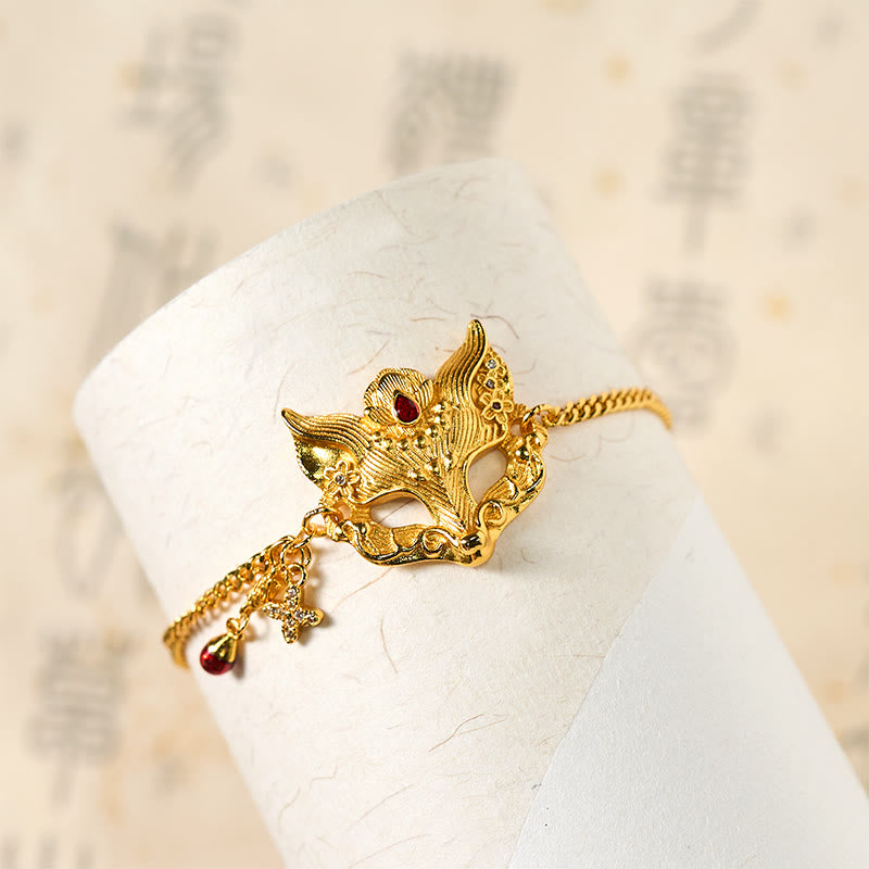 Buddha Stones 24k Gold Plated Brass Fox Mask Charm Tassel Chain Bracelet - image 4